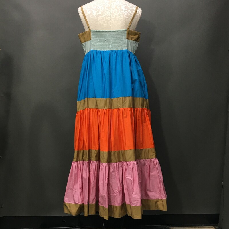 J. Crew Re-Imagined, Multi, Size: 14<br />
J. Crew Re-Imagined, tiered sundress Multi color, Size: 14 tans. blues oranges and pink, ruffle long maxi skirt, adjustable spaghetti straps, sleeveless, open side slash pockets.  100% cotton<br />
1 lb 4.6 oz