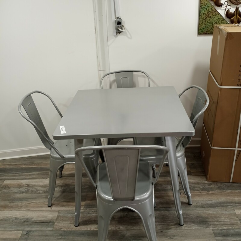 Metal Table 4 Chairs Silver. Rated commercial.