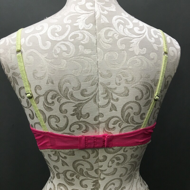 DKNY Bra, Pink, Size: 36C lace underwire with yellow straps. 82% nylon, 18% elastine Very nice condition.<br />
2. oz
