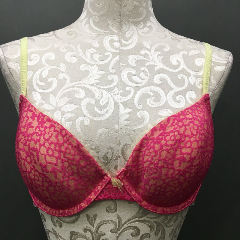 DKNY Bra, Pink, Size: 36C lace underwire with yellow straps. 82% nylon, 18% elastine Very nice condition.
2. oz