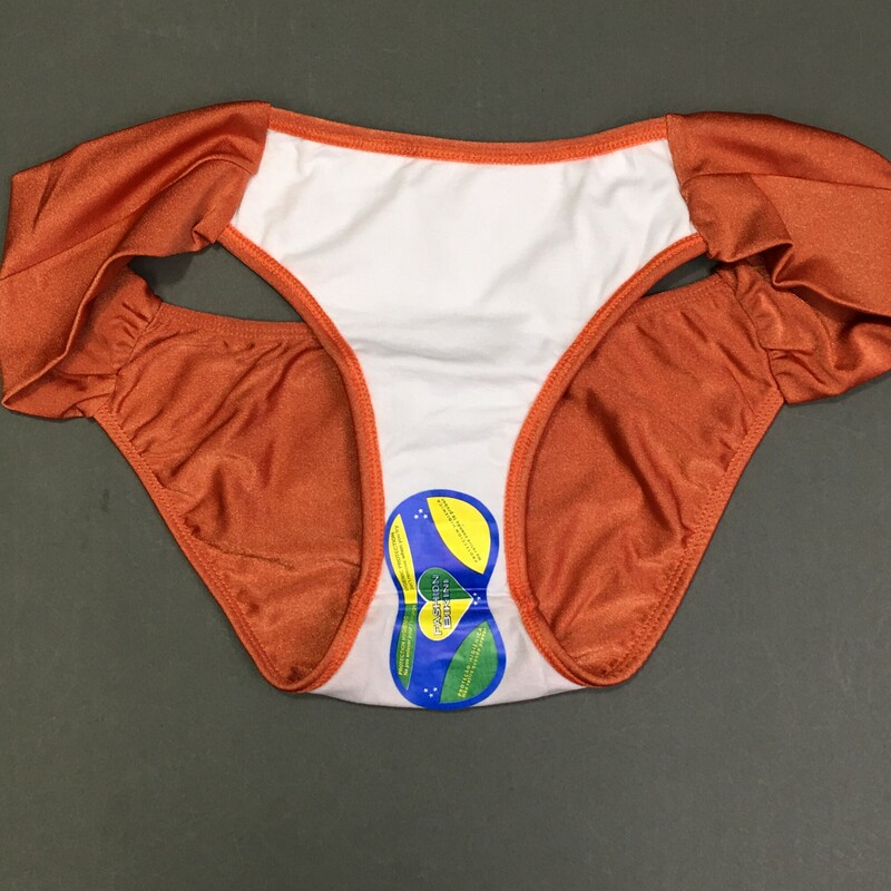 No Brand Bikini brief, Pumpkin/ orange, Size: Large Fully Lined, ruched fabric sides  No maker tags. New with Panty liner. Shimmering fabric. 85% polyester 15% elastine Made in Brazil.<br />
2.1 oz