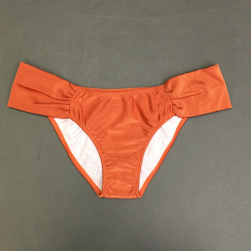 No Brand Bikini brief, Pumpkin/ orange, Size: Large Fully Lined, ruched fabric sides  No maker tags. New with Panty liner. Shimmering fabric. 85% polyester 15% elastine Made in Brazil.
2.1 oz