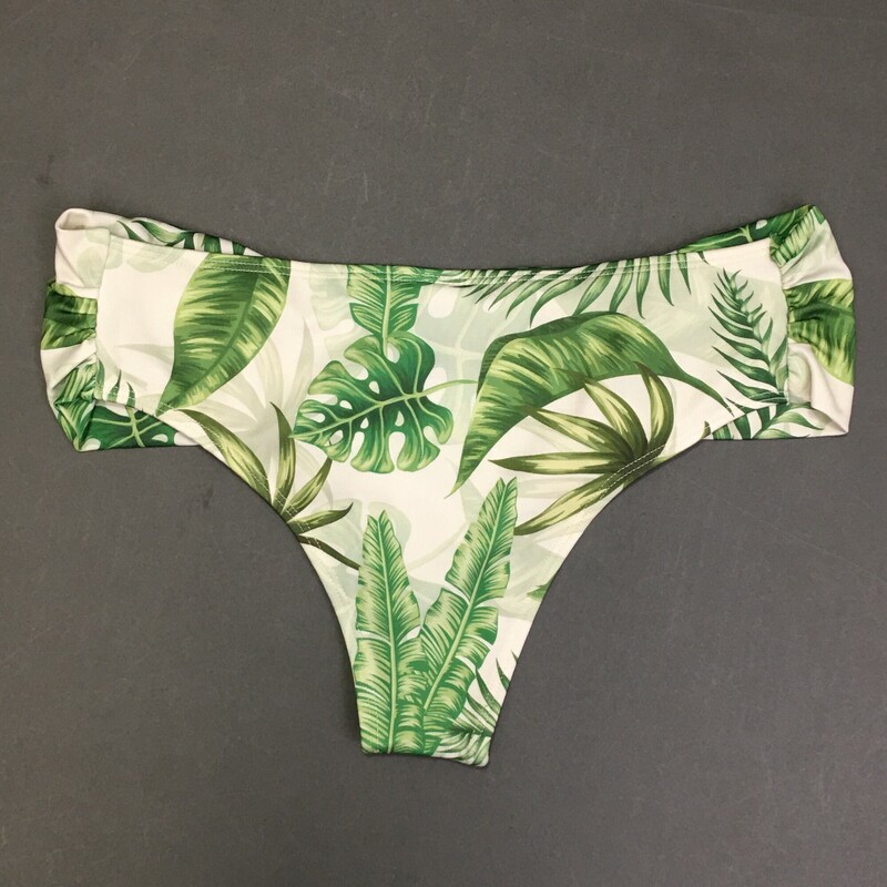 Mapale Bikini Brief, Floral leave pattern, fully lined, ruched side fabric,  Size: Large Made in Columbia  -  83% polyester, 17% elastine. Hand wash cold, no bleach line dry shade.<br />
2.0 oz