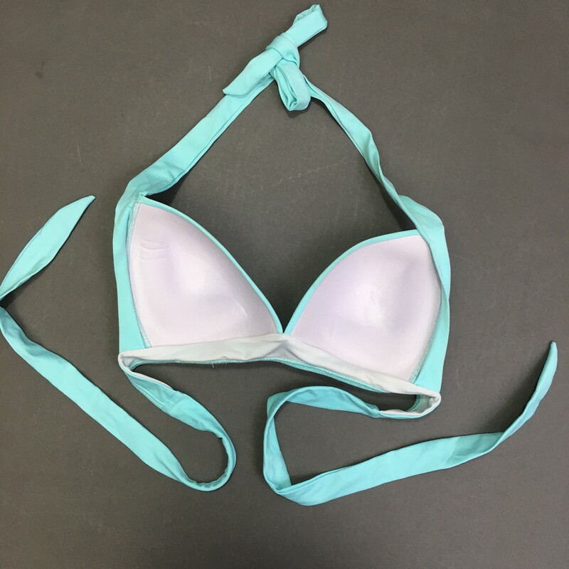 No  Brand Bikini Top, Aqua, Size: estimated Small, Halter top tie at neck and back.  Nylon poly blend, fixed soft push up cups. No maker or fabic tags<br />
2.7 oz