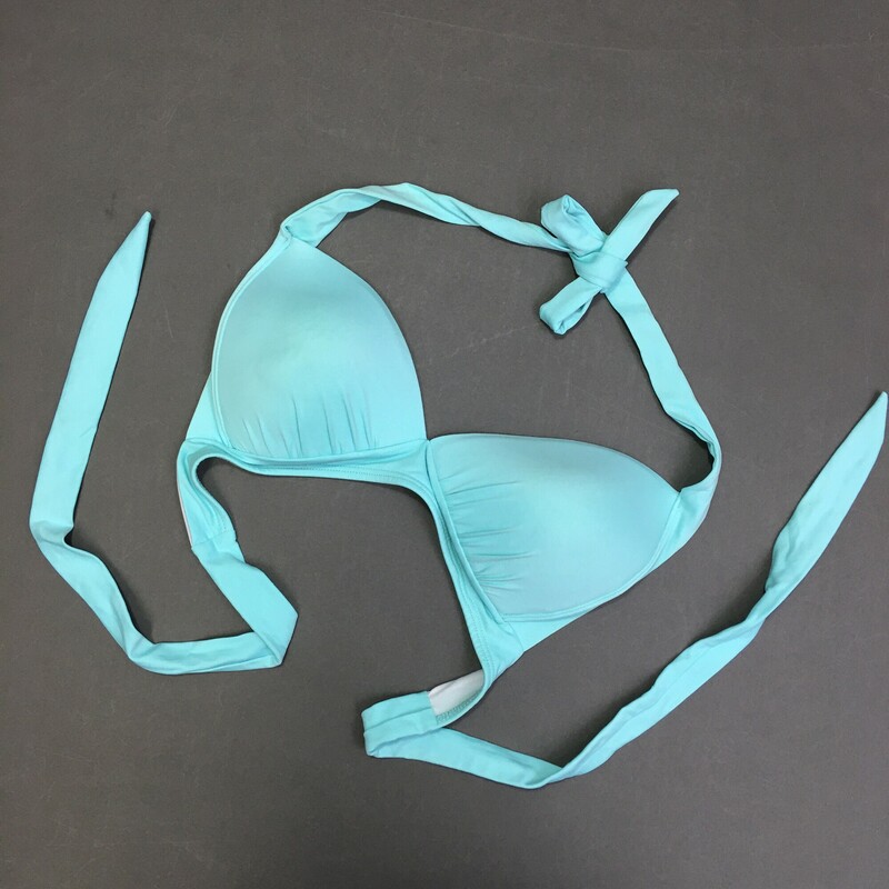 No  Brand Bikini Top, Aqua, Size: estimated Small, Halter top tie at neck and back.  Nylon poly blend, fixed soft push up cups. No maker or fabic tags
2.7 oz