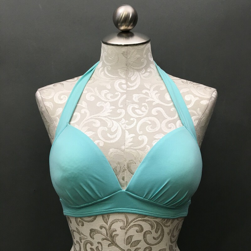 No  Brand Bikini Top, Aqua, Size: estimated Small, Halter top tie at neck and back.  Nylon poly blend, fixed soft push up cups. No maker or fabic tags
2.7 oz