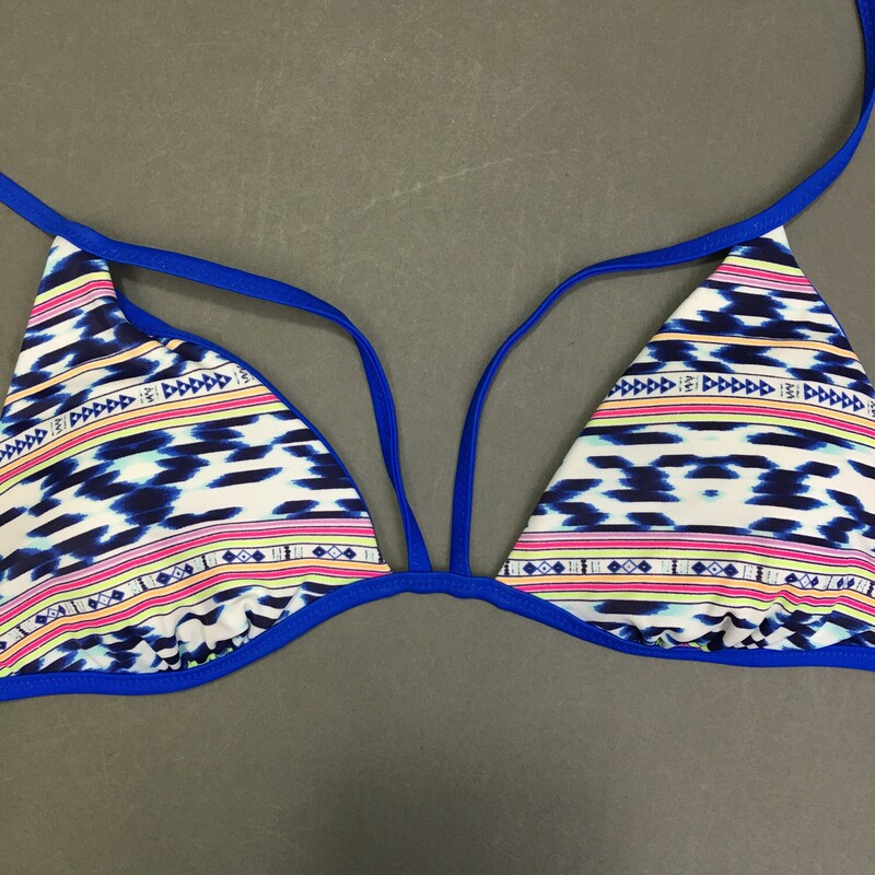 No Brand Reversible, Blue, reversable  Size:estimated Large. No  Brand Bikini Top,Royal blue and geometric pattern, open strap border detail, fixed soft cups,  Halter top tie at neck and back.  Nylon poly blend No maker or fabic tags. Well made nice condition.<br />
3.0 oz