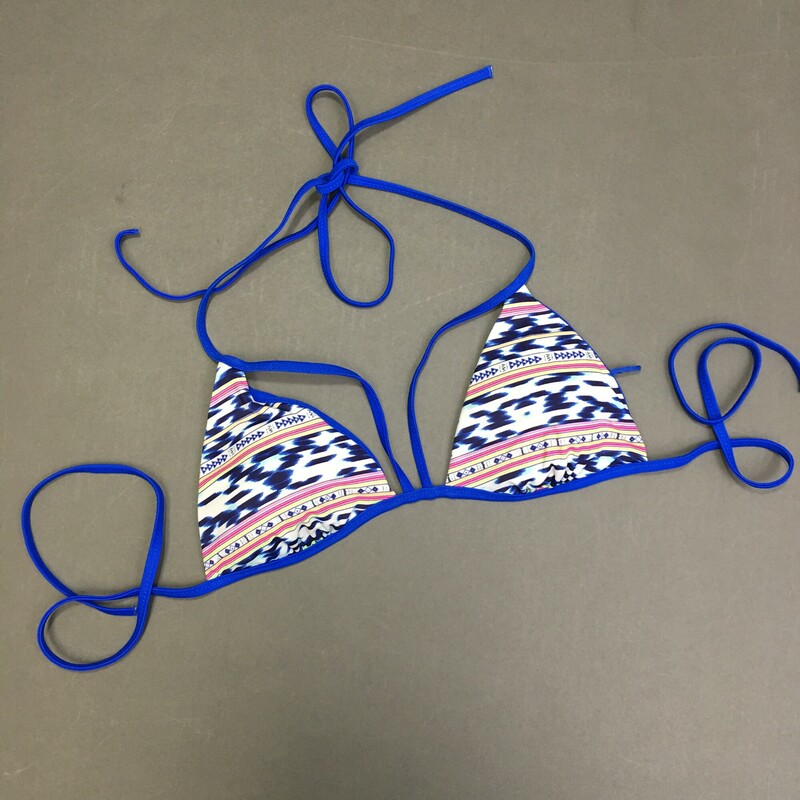 No Brand Reversible, Blue, reversable  Size:estimated Large. No  Brand Bikini Top,Royal blue and geometric pattern, open strap border detail, fixed soft cups,  Halter top tie at neck and back.  Nylon poly blend No maker or fabic tags. Well made nice condition.
3.0 oz