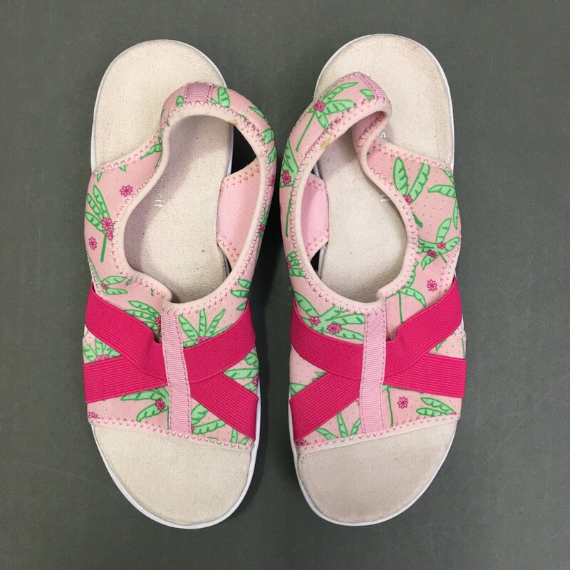 Easy Spirit Water Shoes, White, Size: 7 slip on open toe and heel, palm tree patter on light pink fabric, criss cross hot pink foot strap, heel strap.
8.9 oz