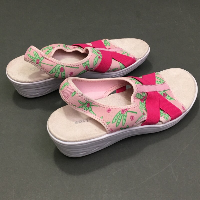 Easy Spirit Water Shoes, White, Size: 7 slip on open toe and heel, palm tree patter on light pink fabric, criss cross hot pink foot strap, heel strap.
8.9 oz