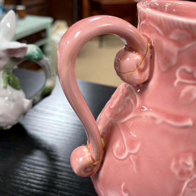 Pink Floral Pitcher, Size: 7 Tall (handle has been repaired - see image)