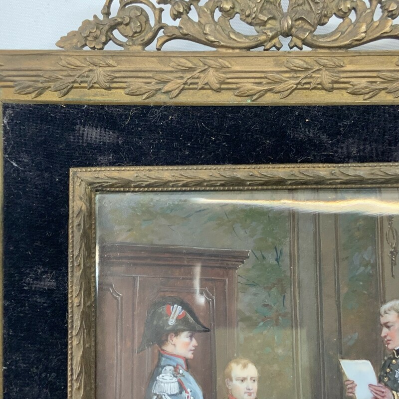 Antique ornately framed miniature painting Le Raport by P Blain Painted on porcelain it is signed and the title of the painting is inscribed on the back<br />
The back of the frame is covered in an antique fabric.<br />
Painting approx 5 by 4 inches  With frame 9 by 6.5 inches<br />
Very good age appropriate condition.