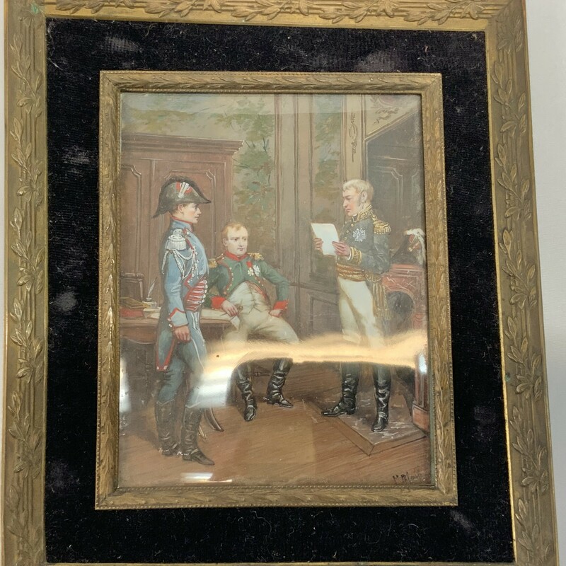 Antique ornately framed miniature painting Le Raport by P Blain Painted on porcelain it is signed and the title of the painting is inscribed on the back
The back of the frame is covered in an antique fabric.
Painting approx 5 by 4 inches  With frame 9 by 6.5 inches
Very good age appropriate condition.