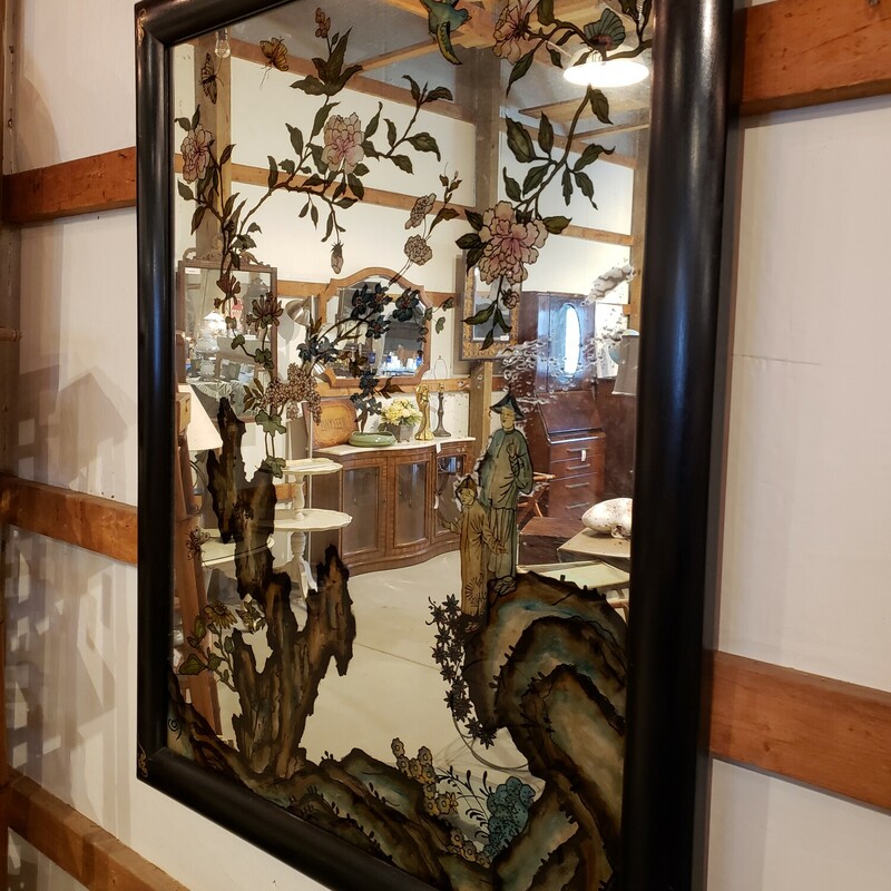 Large Asian Mirror with Etched Design. Black frame. Very large and heavy! Size: 48x38