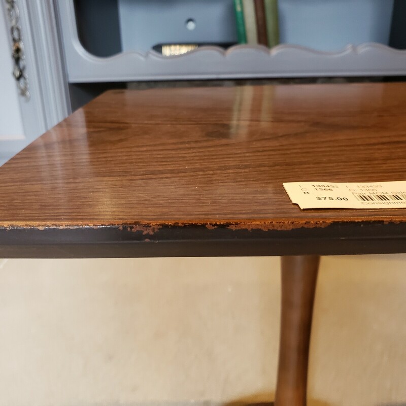Pair MCM Side Tables. Brown Formica Top. In good condition with a little wear along the edges. Size: 17.5x15.5x15.5