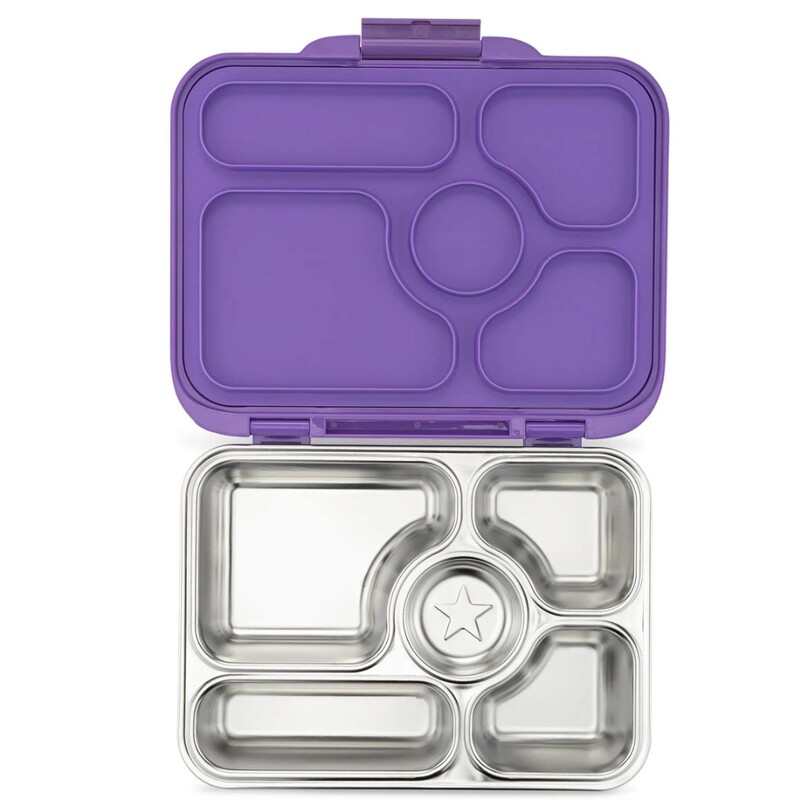 Stainless Lunch Kit Purpl, Purple, Size: Bento

NEW! Yumbox Presto Leakproof 18/8 grade Stainless Steel Bento is designed for kids and adults. The 5 compartment stainless steel tray makes it easy to pack a nutritious lunch for work, school, sports and travel.

PRACTICAL LEAKPROOF DESIGN  Yumbox Presto is made with high quality stainless steel and silicone. Its molded silicone lined lid engages with the tray making Yumbox leakproof inside and out (*not water*). Pack dips next to crackers with no worries. To get the best seal, do not over pack.
KID FRIENDLY  One easy to open and close latch makes Yumbox a perfect lunchbox, even for toddlers.
IDEAL PORTION SIZES  Total volume 3.5 cups plus dip. Great size for kids and adults. Reduce food waste and pack just right portions. 5 compartments provides for lots of variety to create a nutritious lunch on the go.
PERFECT HEALTHY PACKED LUNCH  Yumbox makes it so easy to make your packed lunches look appetizing, colorful and organized. Place an ice pack (not included) outside of Yumbox to keep contents fresh. Both Yumbox and ice pack are intended to go into an insulated bag (not included).
EASY CLEANING  Hand wash Yumbox Presto with warm soapy water. Dry thoroughly before storing. Rounded edges and high quality silicone lid and stainless steel tray makes it easy to keep clean.
HIGH QUALITY & DURABLE  Yumbox Presto is made using all food-safe materials, BPA-free and phthalates-free. Yumbox is compact & lightweight.
COMPACT & LIGHTWEIGHT   Dimensions:  9.5 (l) x 7.8 (w) x 2 (h) inches, weight 1.5 lbs.
