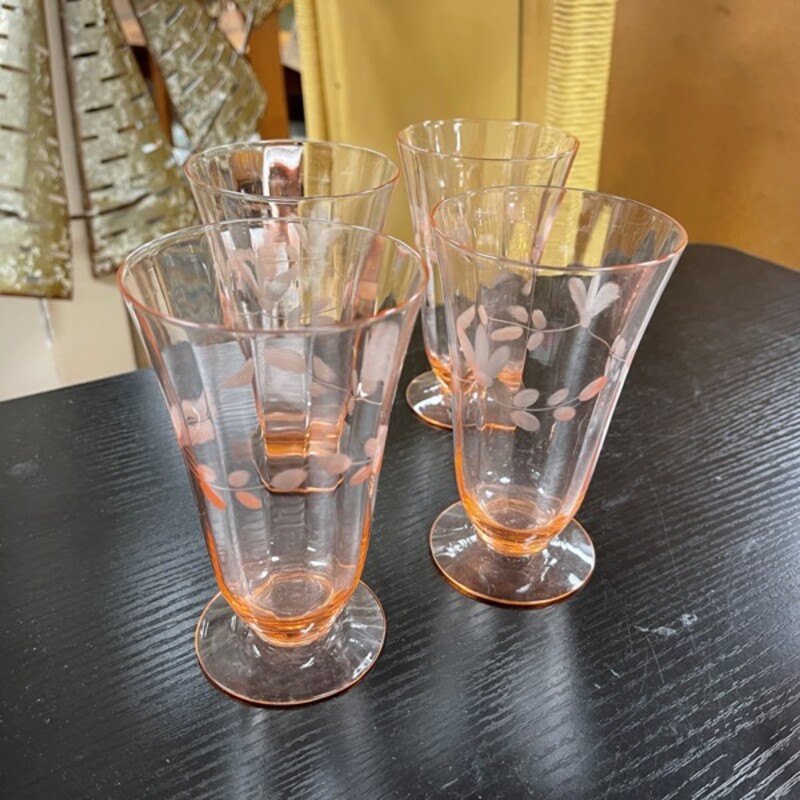 Vintage Pink Etched Drinking Glasses, Set/4