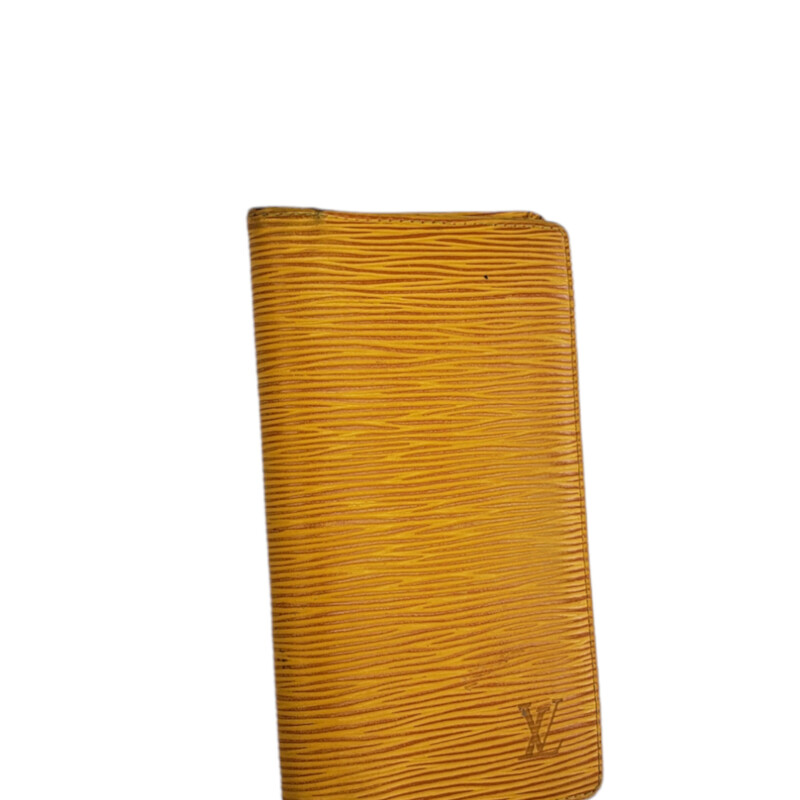 Louis Vuitton

Epi Leather  Check Card

Yellow, Purple Interior

Condition: Good. Wear aroung corners and card slots