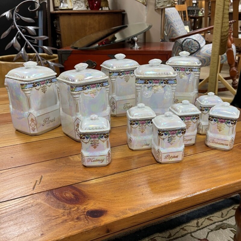 Victoria China Luster Ware Canister Set, 11 Pcs (5 Large Canisters w/Lids and 6 Small Canisters w/Lids) - some canisters have chips and/or cracks