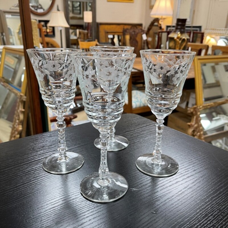 Etched Crystal Wine Glass, Set/4 (small chip on rim of one glass - see photo)