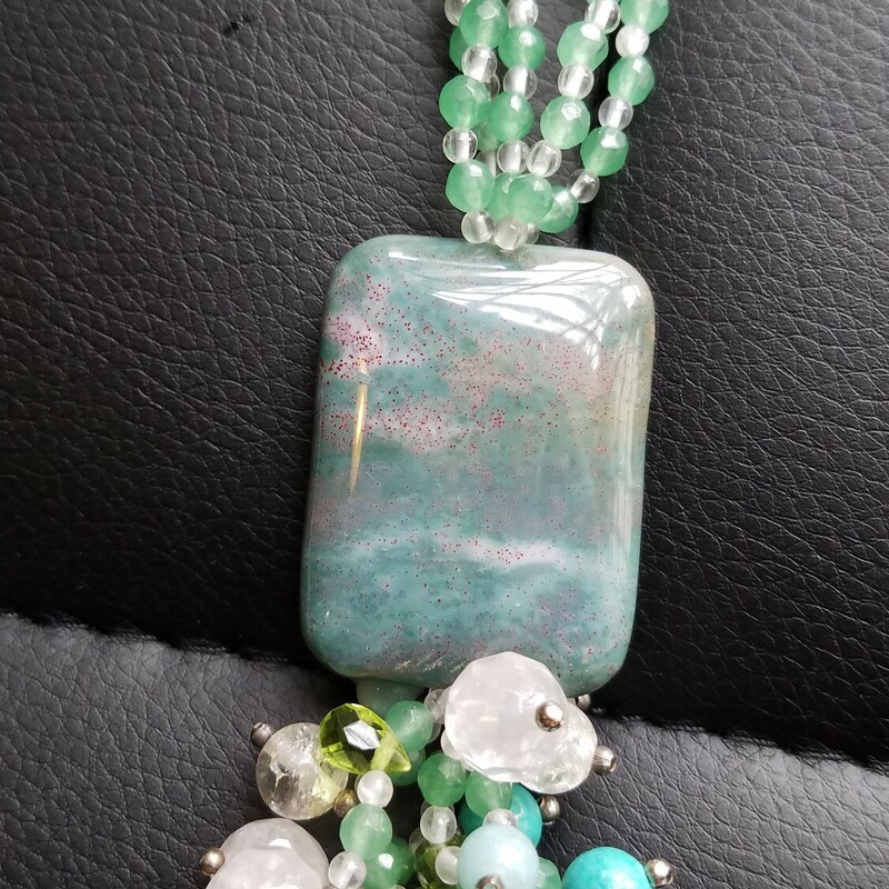 Stunning Custom Necklace of Green Agate, Rose Quartz, Peridot and Turquoise Beads.<br />
21 inches long and weighs 241 grams<br />
The rectangular Green Agate measures 1.5 inches X 1 inches<br />
The Dark Oval Agate measures 1.5 inches X 1 inches<br />
A true ONE OF A KIND