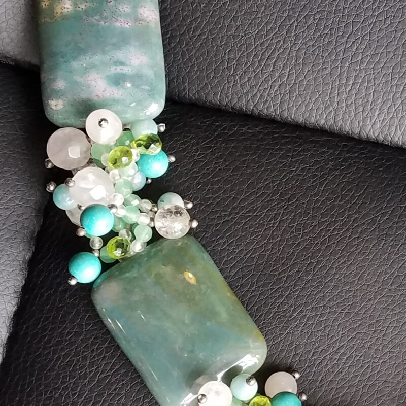 Stunning Custom Necklace of Green Agate, Rose Quartz, Peridot and Turquoise Beads.<br />
21 inches long and weighs 241 grams<br />
The rectangular Green Agate measures 1.5 inches X 1 inches<br />
The Dark Oval Agate measures 1.5 inches X 1 inches<br />
A true ONE OF A KIND