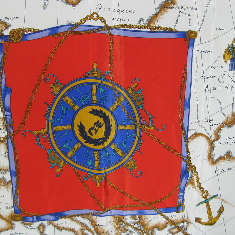 Fun map print scarf, purchased during a cruise on the Princess Cruises line.<br />
Red, navy and gold nautical elements like ship's helm and old explorer age ships and a big map that also looks like something from the renaissance.  Compasses, anchors, chains and ropes complete this more is more baroque style print!<br />
No tags, I believe it is a nice polyester twill, sturdy fabric.<br />
30 square<br />
<br />
Thanks for looking!<br />
#4189