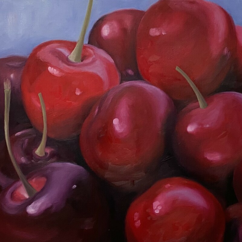 Mountain Cherries, OIl, 18 x 24, $325
This is a luscious painting of cherries that were just picked in the Shenadoah Mountains of Virginia.  The contrast of light and shadow created the three dimensional realistic quality in the painting.  It is as if you can just reach into the painting and pick a cherry.