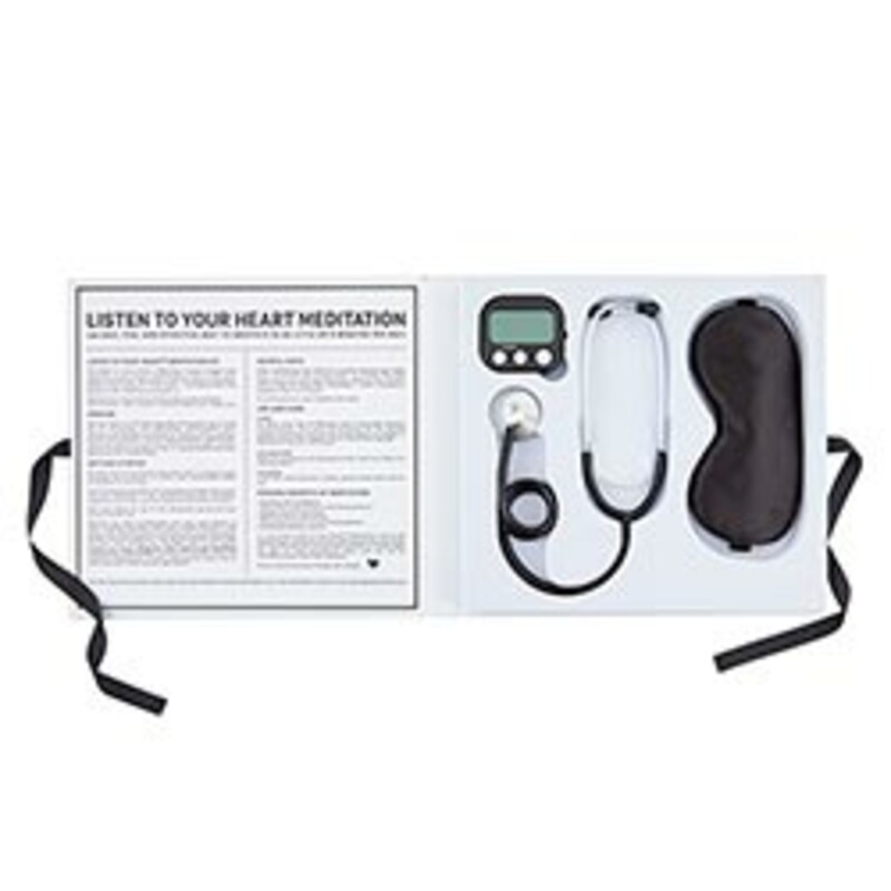 Listen To Your Heart Meditation Kit is an easy, fun, and effective way to meditate in as little as 5 minutes per day.
This set includes a Stethoscope, Eye Mask, Timer, and Easy Start Guide. Discover the best way to meditate and relax for YOU.