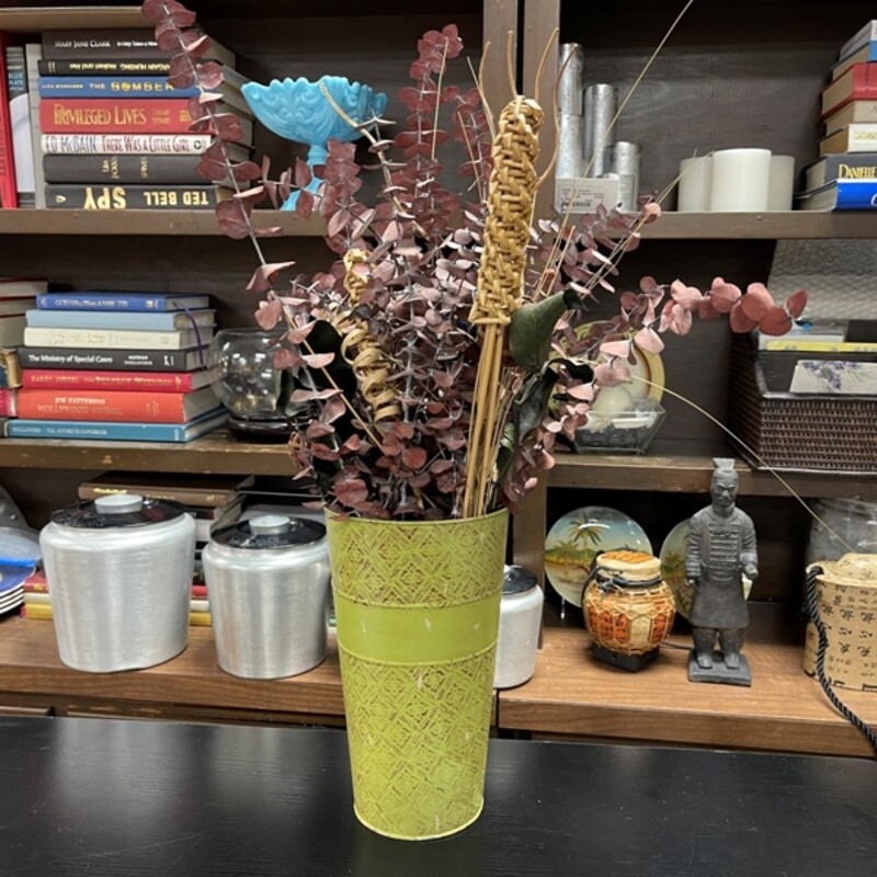 Green Metal Vase W/Dried Flowers, Size: 11 Tall Vase; 28 w/Flowers