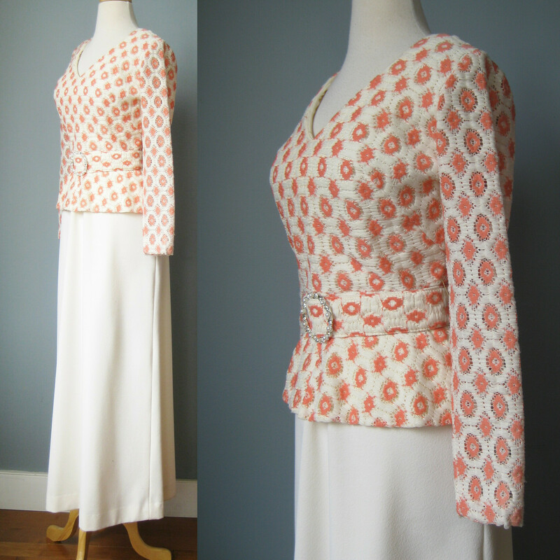 Grown up lady gown from the 1980s.<br />
It's simple knit polyester<br />
the top is textured peach and white regimented floral lace.  the sleeves are unlined so you can see the skin tone through them.<br />
the skirt is plain white.<br />
The dress comes with a pretty belt, in the bodice fabric with a jeweled round decorative buckle.  the belt snaps on in the back and has two settings.<br />
center back zipper<br />
Made in the USA<br />
<br />
Marked size 10 but best for a size 6 or maybe and 8<br />
<br />
flat measurements:<br />
armpit to armpit: 18.5<br />
waist: 13.25<br />
hip: 20.5<br />
length: 54.5<br />
underarm sleeve seam: 17.5<br />
<br />
Thanks for looking!<br />
# 37976