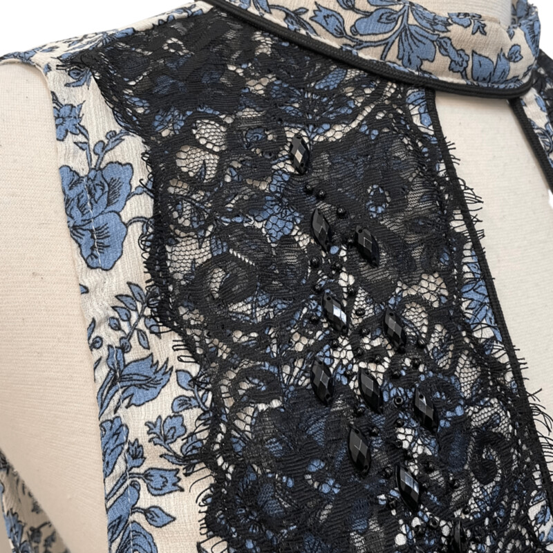 BKE Boutique Floral Boho Top
Lace Overlay and Beaded Neckline
Blue, Cream, and Black
Size: Small