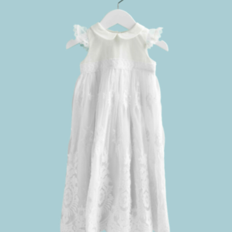 Gown sized 0-6 months
Gown is made of heirloom style cotton
Features crochet mesh overlay