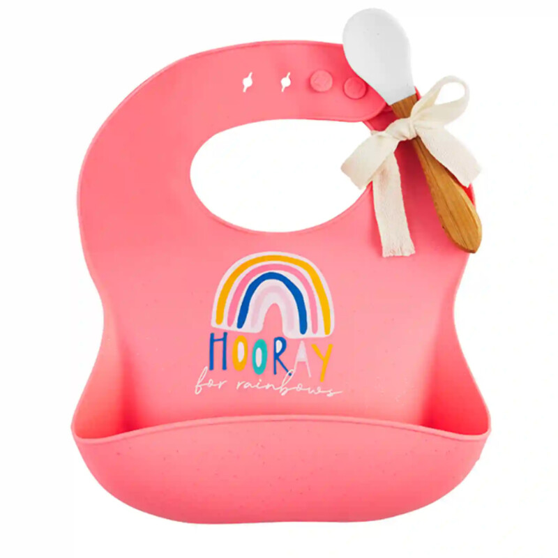 Bib is made of silicone
Bib measures 9 x 8
Spoon is made of silicone and measures 6