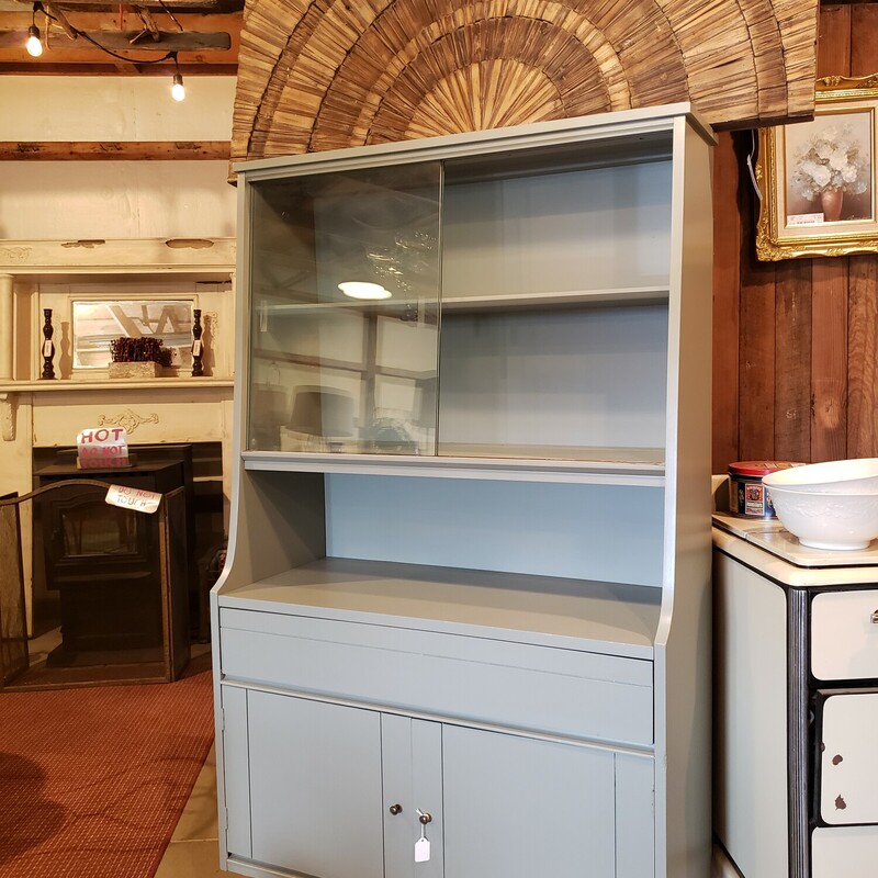 Mid century china cabinet painted with Bellwood Fusion Mineral Paint. Has removable glass doors. Size: 66x38x15.5