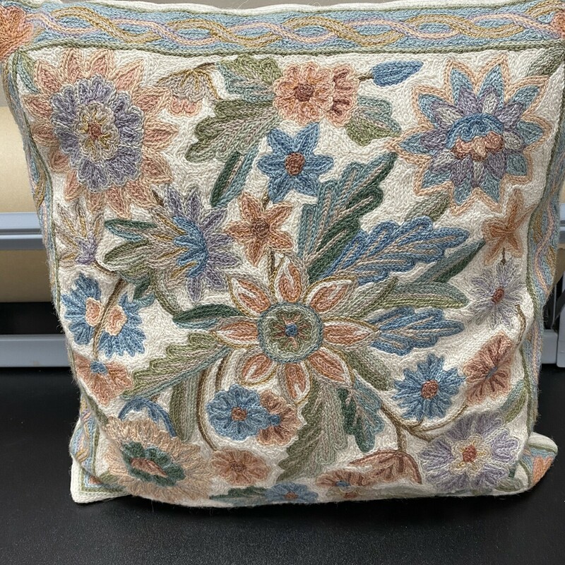 Crewel Embroidery Pillow, Pastel, Size: 15x15 In