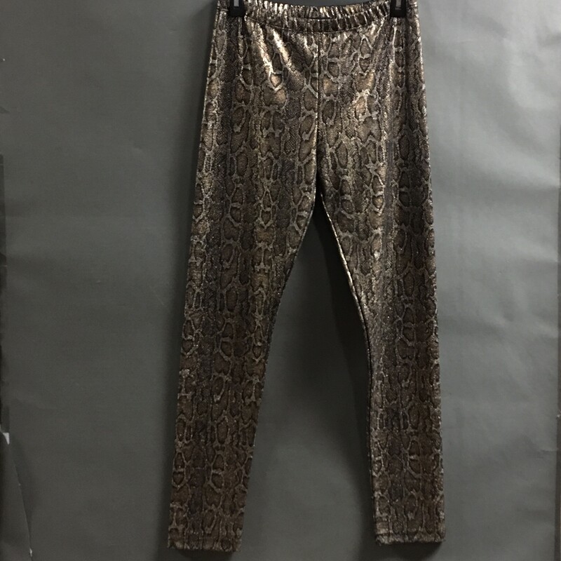 No Brand Leopard, Metalic, Size: 4
No maker or size tags.  These pants are pull-on,  The waist is elastic, legs taper and are slim.  Material gives and has some stretch - but these are not full lyrca jeggings  -
8.6