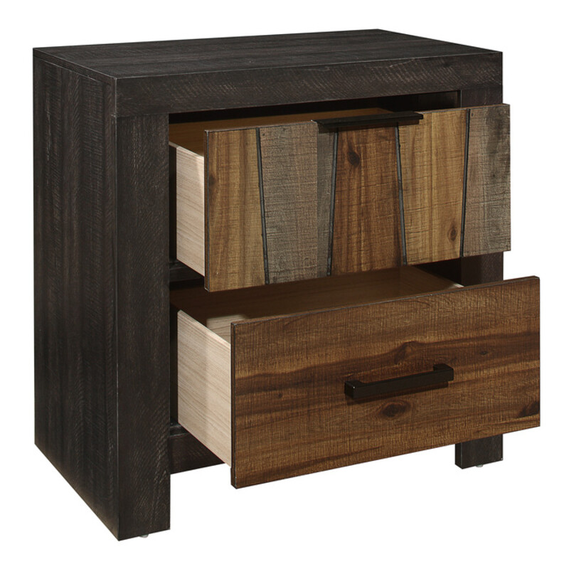 Cooper Nightstand<br />
<br />
Items purchased online will ship to our store, drop shipping options may be available.<br />
<br />
Please contact us at 509-928-9090 if you have any questions and to check on availablity on items.<br />
<br />
This is a new item and one of many pieces we can order from Homelegance, they have a variety of options to choose from.<br />
<br />
The distinct styling of the Cooper Collection will be the perfect fit for the modern industrial look you wish to achieve in your bedroom. Utilizing embossed faux-wood veneer, the unique 4-tone style, of the nightstand, accentuates highs and lows of dark and light acacia as well as the rich tones of dark ebony and rustic mahogany faux grains. Dark metal hardware provides complementing contrast to the drawer fronts.<br />
<br />
<br />
Overall Dimension: 25.5 x 15.5 x 25.5H<br />
<br />
Made of embossed faux-wood veneer, wood and engineered wood<br />
Multi-tone wire brushed finishes<br />
2 dovetail drawers with metal on metal center glides<br />
Flat black tone edge pulls and bar pulls