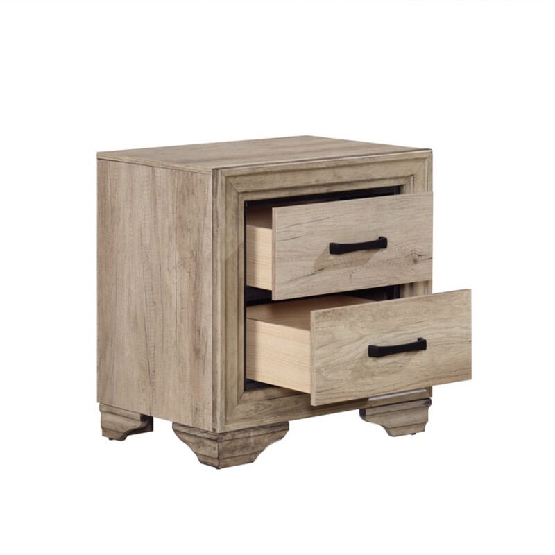 Lonan Nightstand<br />
<br />
Items purchased online will ship to our store, drop shipping options may be available.<br />
<br />
Please contact us at 509-928-9090 if you have any questions and to check on availablity on items.<br />
<br />
This is a new item and one of many pieces we can order from Homelegance, they have a variety of options to choose from.<br />
<br />
With a hint of weathering so popular in industrial styling, the Lonan Collection will fit into the rustic contemporary aesthetic that you look to achieve in your bedroom. Melamine laminate mimics the look of sun-bleached wood with a darker under-hue providing subtle contrast to the design of the nightstand, with dark finished metal handles providing additional contrast.<br />
<br />
Overall Dimension: 22 x 16 x 23.5H<br />
<br />
Made of premium melamine board, wood and engineered wood<br />
Natural finish<br />
2 dovetail drawers with metal on metal center glides<br />
Flat black tone bar pulls