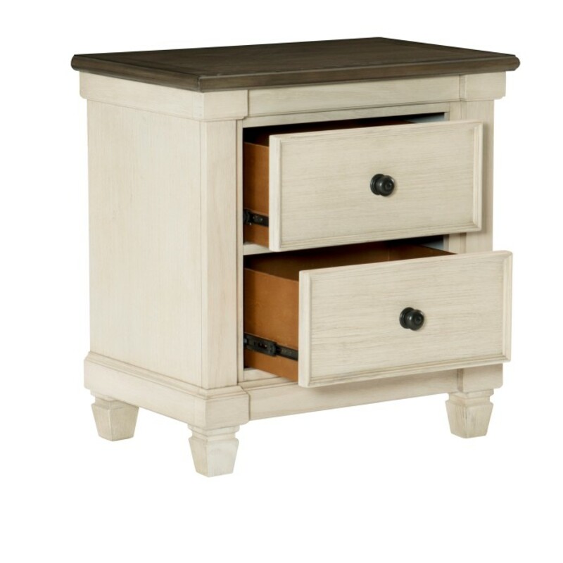 Weaver Nightstand<br />
<br />
Items purchased online will ship to our store, drop shipping options may be available.<br />
<br />
Please contact us at 509-928-9090 if you have any questions and to check on availablity on items.<br />
<br />
This is a new item and one of many pieces we can order from Homelegance, they have a variety of options to choose from.<br />
<br />
Transitional-rustic styling is expertly achieved in the design of the Weaver Collection. Antique white provides bold contrast to the rosy brown plank-style tops, with pine solids and oak veneer further lending visual texture to the nightstand. Classic framing paired with dark metal knob hardware complete the rustic look.<br />
<br />
Overall Dimension: 28 x 18 x 29H<br />
<br />
Made of oak veneer, wood and engineered wood<br />
2-tone finish: antique white and rosy brown<br />
2 dovetail drawers with ball bearing glides<br />
Flat black tone knobs