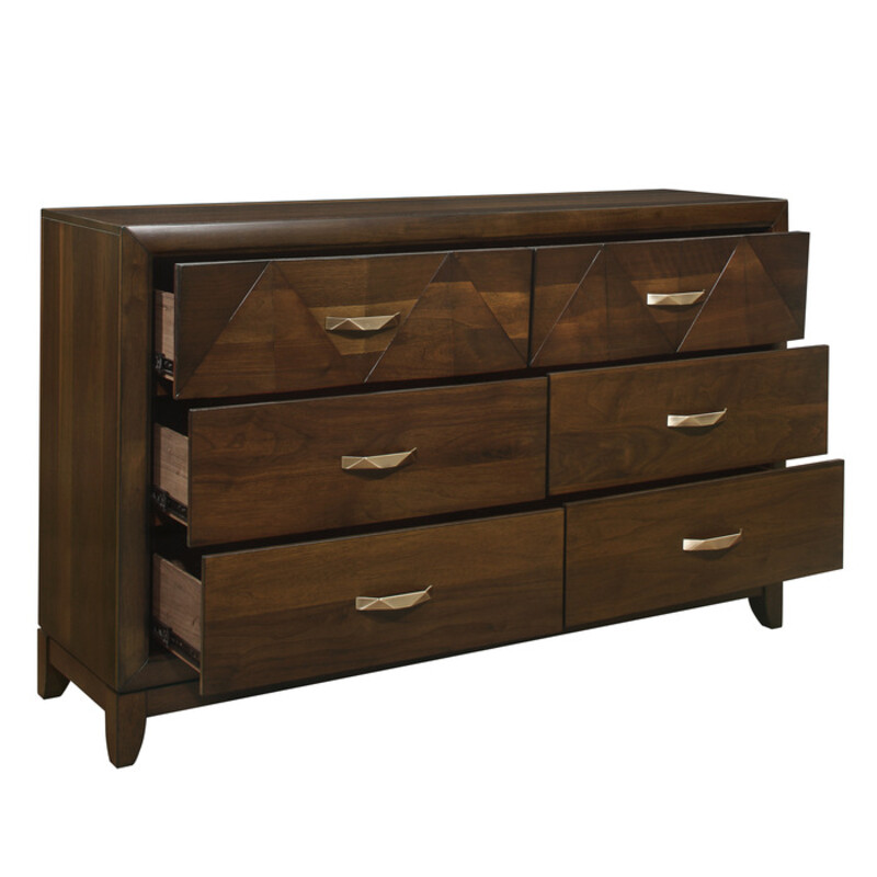 Aziel Dresser

Items purchased online will ship to our store, drop shipping options may be available.

Please contact us at 509-928-9090 if you have any questions and to check on availablity on items.

This is a new item and one of many pieces we can order from Homelegance, they have a variety of options to choose from.

The modern styling of the Aziel Collection features geometrical accent to present a bold profile perfect for the sophisticated look you wish to achieve in your bedroom. Walnut veneer is highlighted by walnut finish, light reflecting the wood’s grain with each angle change of the dresser’s decorative fronts. The drawers feature satin brass finished bar hardware that perfectly complement the design of the collection.

Overall Dimension: 60 x 17.5 x 37H

Made of walnut veneer, wood and engineered wood
Walnut finish
6 dovetail drawers with ball bearing glides
Satin brass tone bar pulls