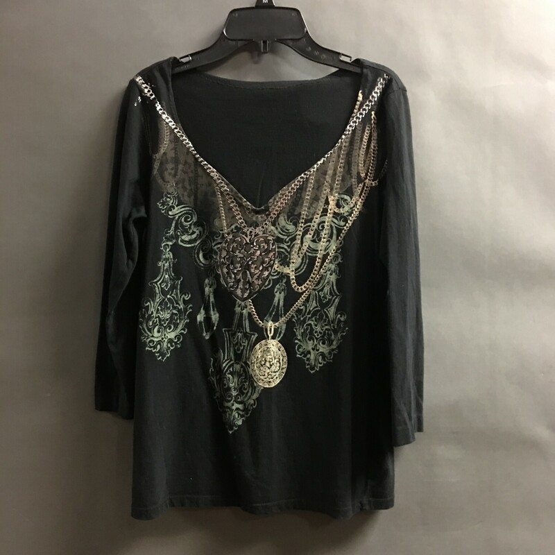 No Brand, Printed, Black, Size: Medium Long sleeve, deep V Neck rpinted front chandelier and pendants motif in silver, olive and beige. Cotton blend fabric. Wash cold, hang dry. no bleach
The neckline has been modified by hand stitching.
4.4 oz