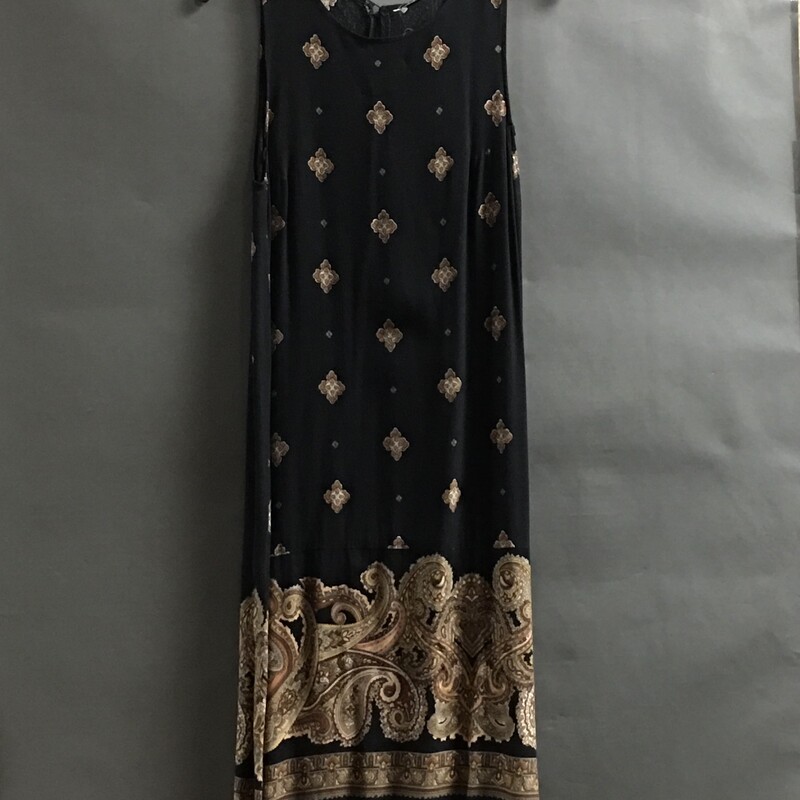 No Brand, Black, Size: Small, sleeveless,black with gold tones,ochre and brown paisley border and pattern,  pull over shift, mid calf / tea length, light rayon/cotton fabric, no maker or fabric tags. Wash cold, hang dry, no bleach.
5.5 oz