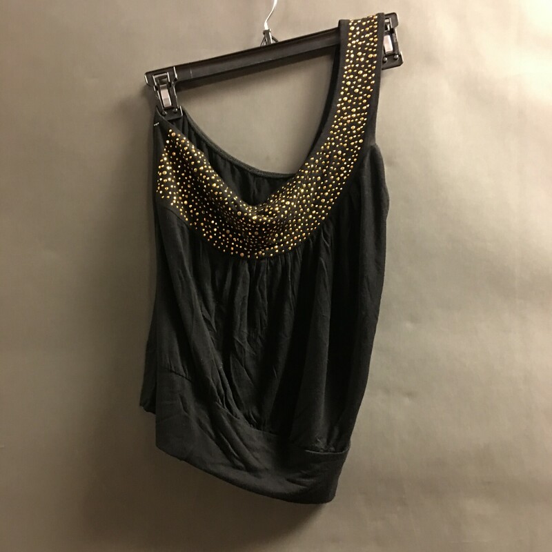 No Brand Cold Shoulder, Black, Size: Small
Slightly runched gathered at neckline, wide band at waist, elastic band back support with a wide singleshoulder strap. The front and shoulder have a panel of petit bronze studs and sequins in starburst pattern that is lined inside.
4.0 oz