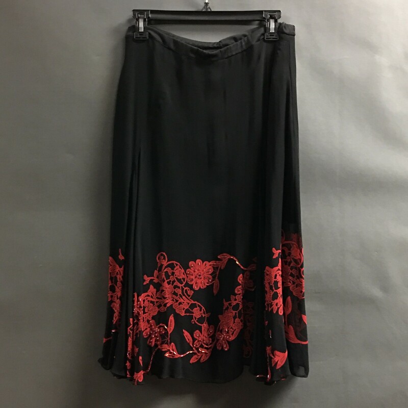 Hand Stitched Sheer With beads, Black, Size: 8
flowing layer sheer with red  floral patter and beading on black, lined. hand stitched item - estimated size 8 - elastic waist.