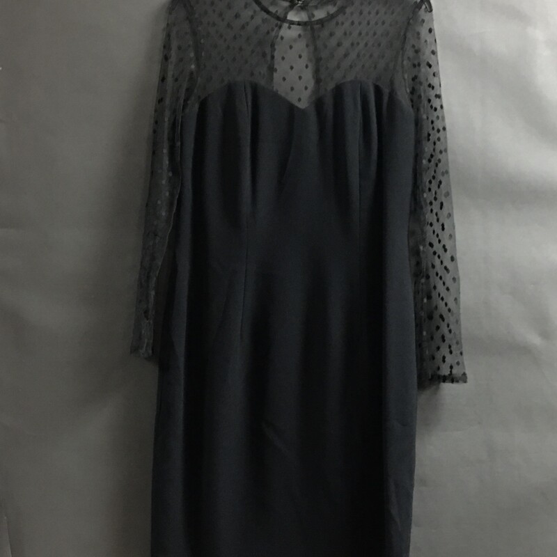 Carol Little, Black, Size: 8
No material tags or size tag. Polka dot lace long sleeves and shoulders, heart shaped neck line,acrylic blend fabric, tea length, fitted cut, back zip,  lined, cocktail dress.
This is estimated to fit a size 8.
Suggested dry clean only.
7.5 oz