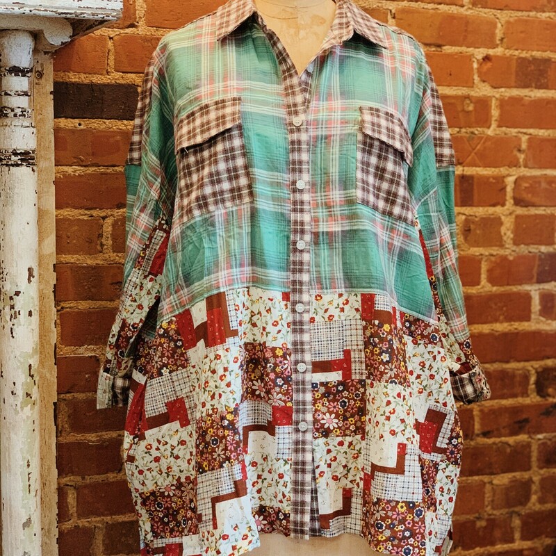 This adorable patchwork shirt is perfect on its own, or you can pair it with a tee! The fabric is a medley of flannels, plaids, and florals!