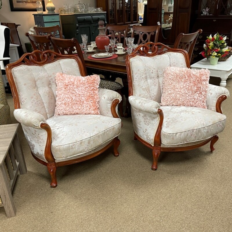 Cherry Blossom Print Wood + Upholstered Channel Back Chairs, Pair, Size: 30x26