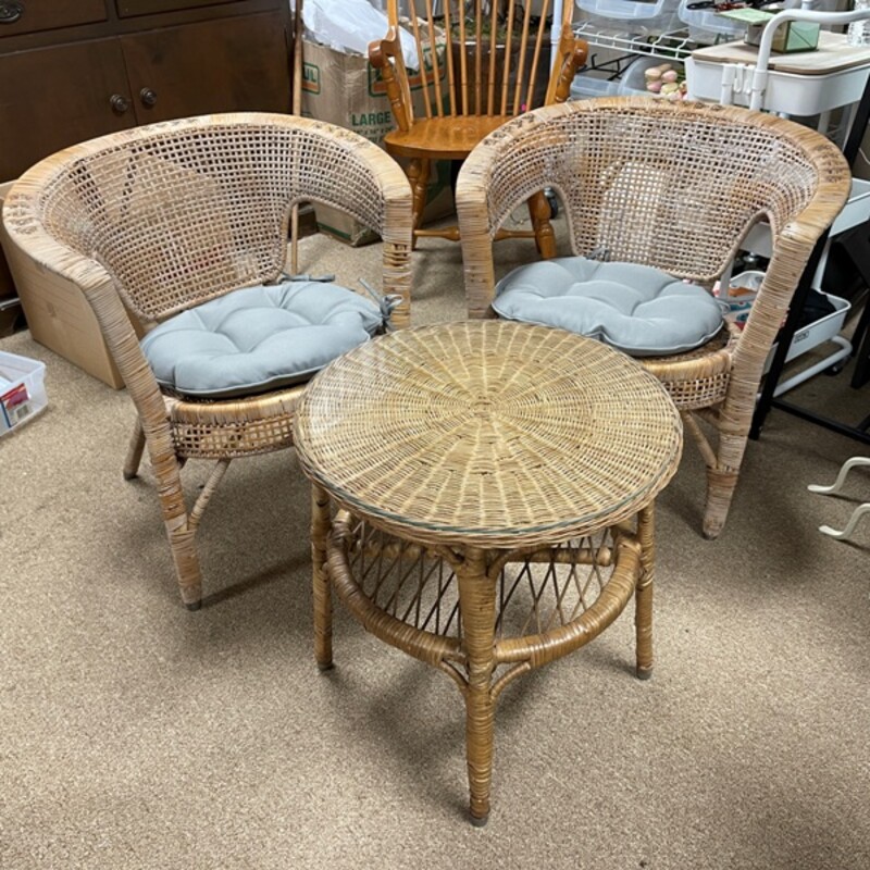 Wicker Chairs, Pair + Side Table, 3-pc Set
