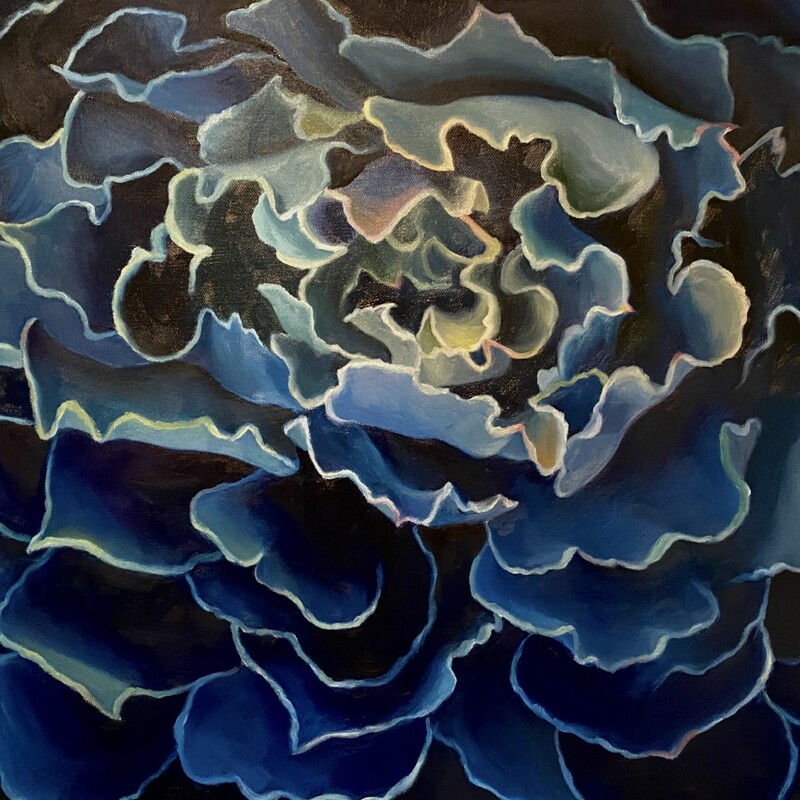 Out Of The Blue
Kay Hofler
 Oil
18 x 24
The midnight blue background of this mysterious beauty will draw you in. The delicate curl of the leaves are accented by gentle shades of blue, yellow and green.